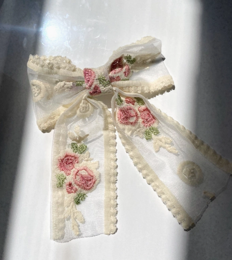 Embroidered Chiffon Bow Hair Clip