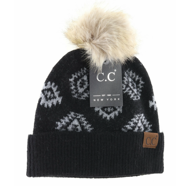 Aztec Print Faux Fur Pom C.C Beanie