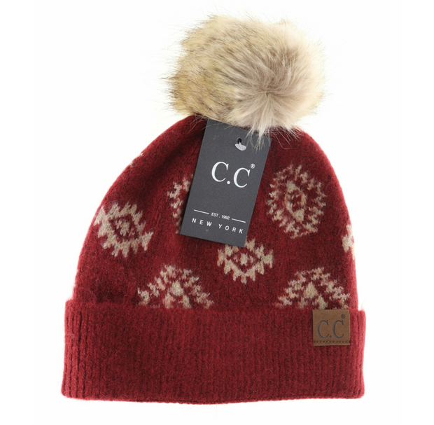 Aztec Print Faux Fur Pom C.C Beanie