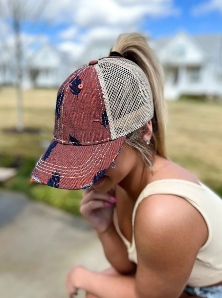Embroidered Leaf Motif Denim High Pony Ball Cap C.C. Beanie