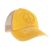 Distressed Embroidered Peace Sign High Pony Ball Cap C.C. Beanie