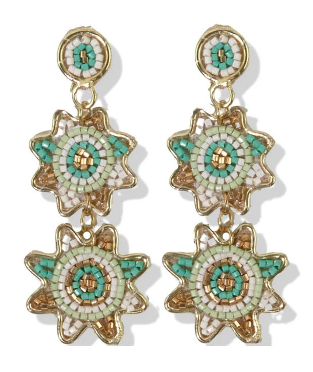 Beads In Brass Double Dangle Flower Frame Post Earring